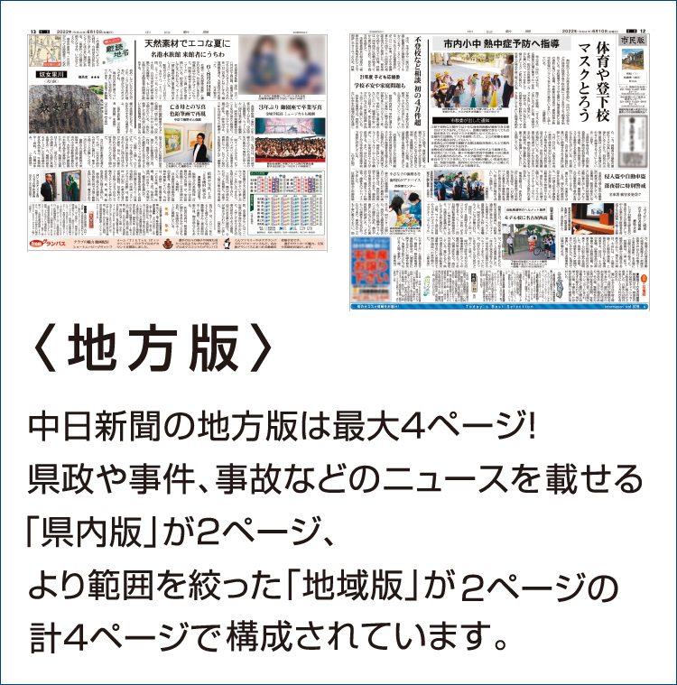 〈地方版〉 中日新聞の地方版は最大4ページ! 県政や事件、事故などのニュースを載せる「県内版」が2ページ、より範囲を絞った「地域版」が2ページの計4ページで構成されています。